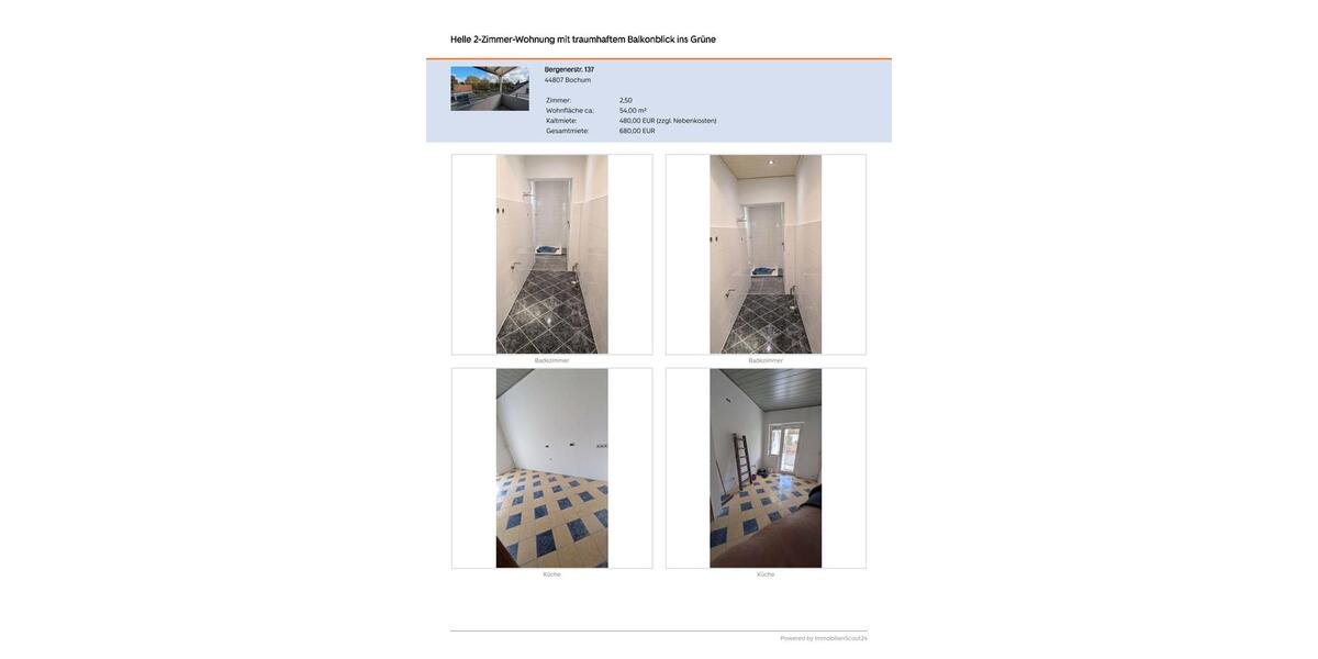 Etagenwohnung Bochum Bochum-Nord - 2.5 Zimmer, 52 m&sup2;, 480&euro; | Angebot:25981143