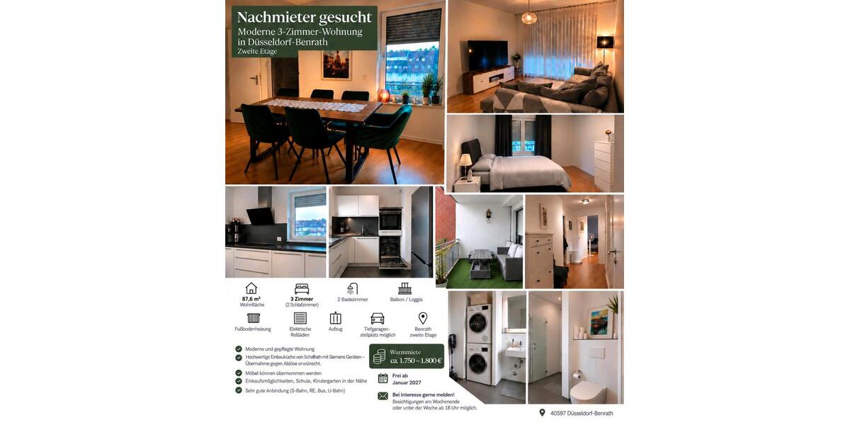 Etagenwohnung Düsseldorf Stadtbezirk 9 - 3 Zimmer, 88 m&sup2;, 1.750&euro; | Angebot:27553917