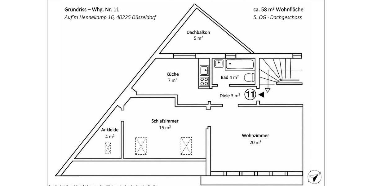 Dachgeschoßwohnung Düsseldorf Stadtbezirk 3 - 2 Zimmer, 58 m&sup2;, 219.000&euro; | Angebot:27231079