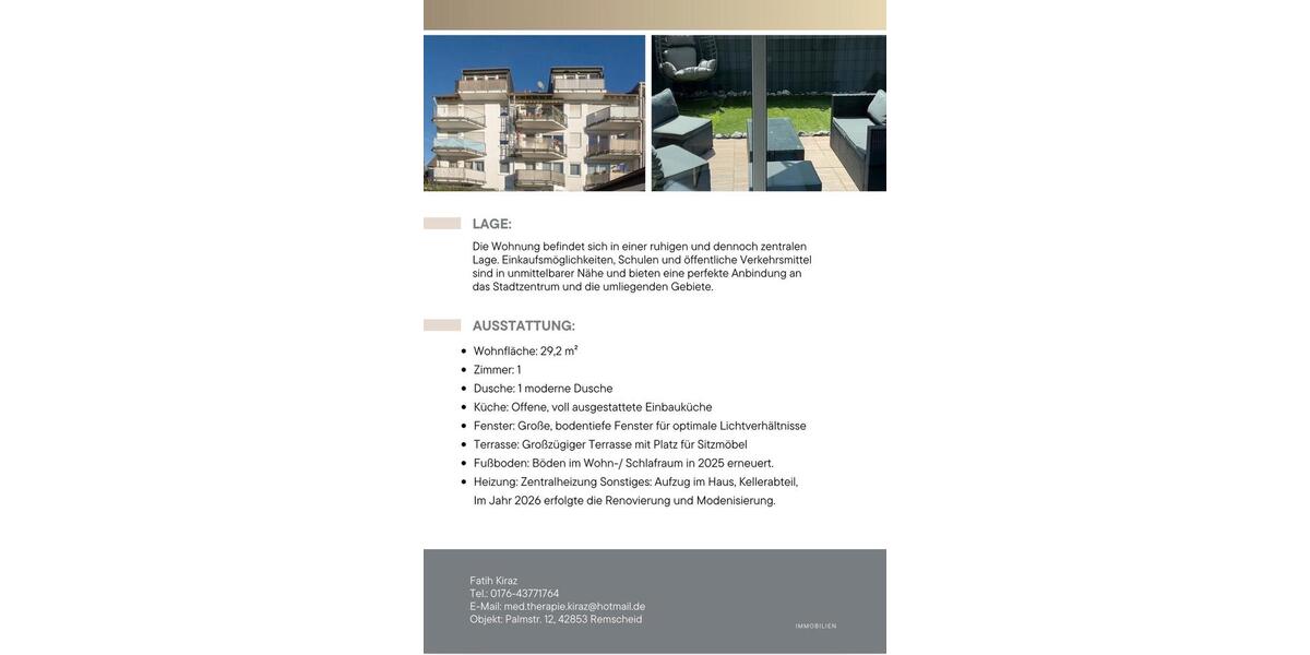Erdgeschoßwohnung Remscheid - 1 Zimmer, 29 m&sup2;, 169.000&euro; | Angebot:27196428