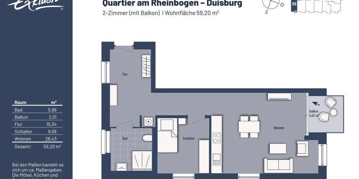 Etagenwohnung Duisburg Buchholz - 2 Zimmer, 59 m&sup2;, 260.000&euro; | Angebot:25690424