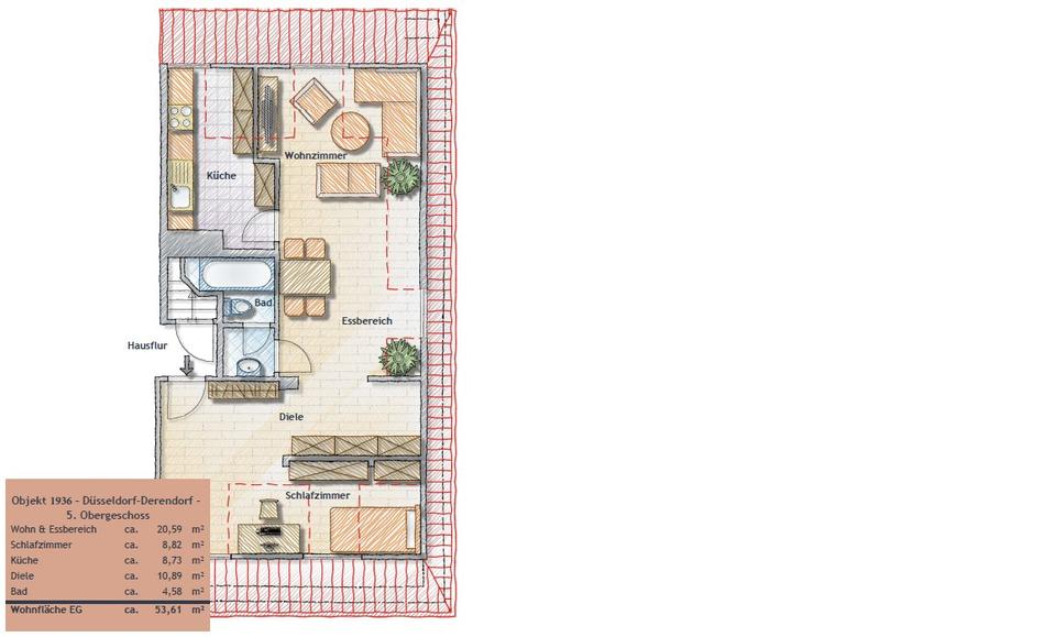 Dachgeschoßwohnung Düsseldorf Derendorf - 1 Zimmer, 55 m&sup2;, 900&euro; | Angebot:27549182