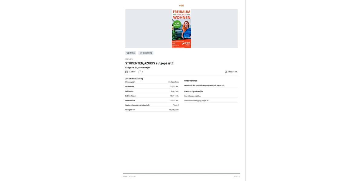 Dachgeschoßwohnung Hagen Hagen-Nord - 2 Zimmer, 38 m&sup2;, 152&euro; | Angebot:27541050