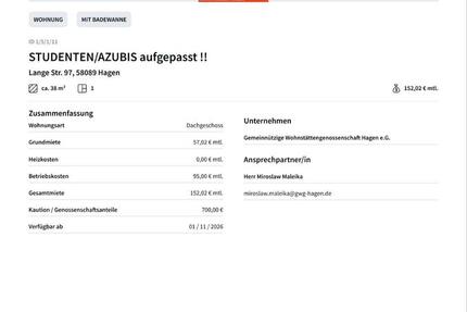 Wohnung Hagen Hagen-Nord - 2 Zimmer, 38 m&sup2;, 152&euro; | Angebot:27541050