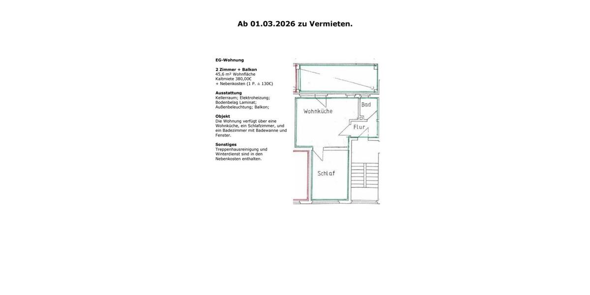 Erdgeschoßwohnung Bochum Eppendorf - 2 Zimmer, 46 m&sup2;, 380&euro; | Angebot:25809200