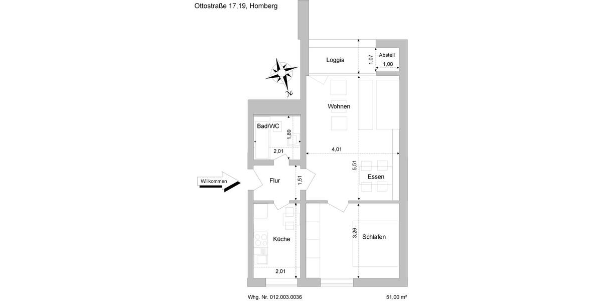 Etagenwohnung Duisburg Essenberg - 2 Zimmer, 51 m&sup2;, 520&euro; | Angebot:26442682